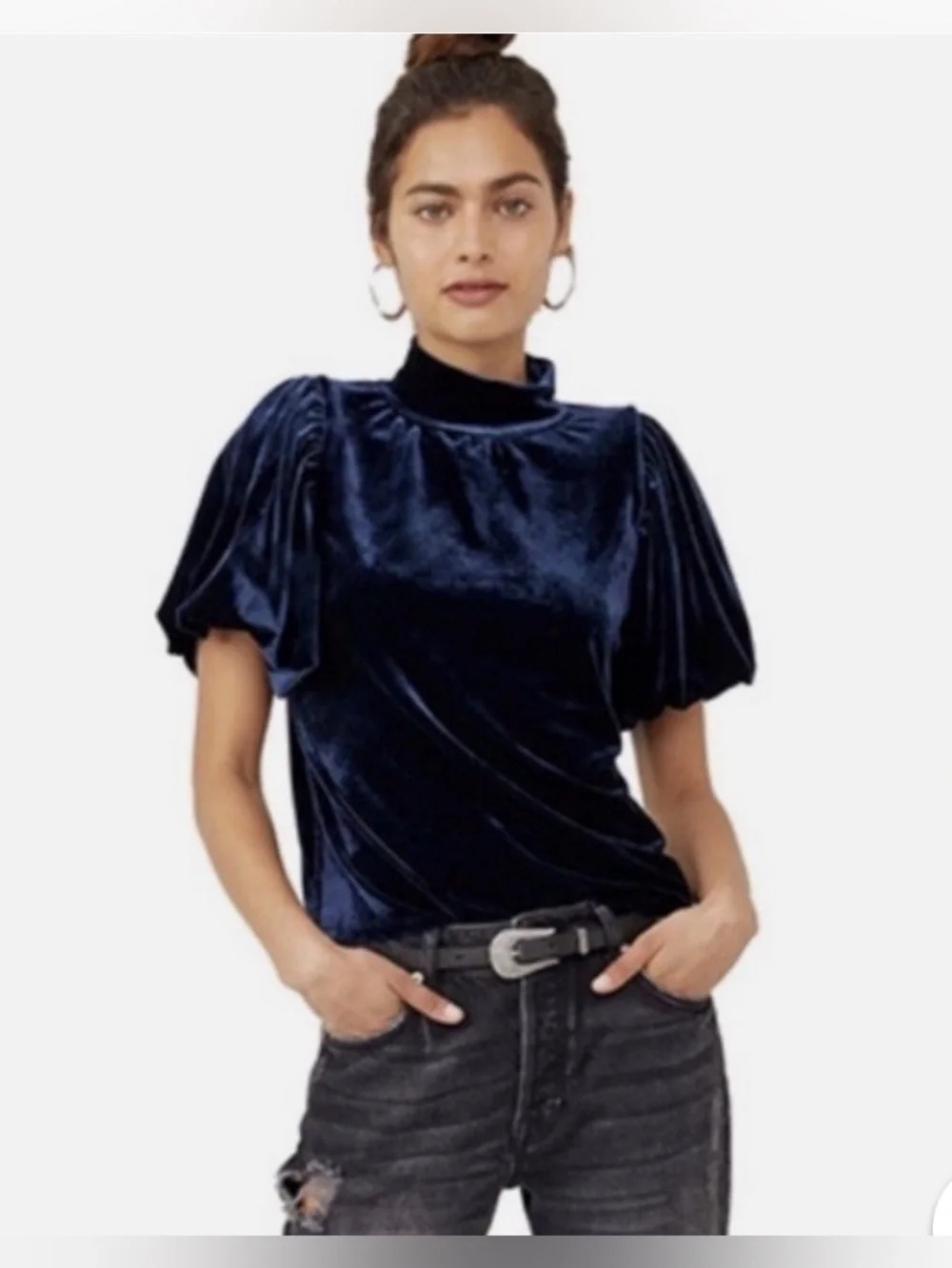 Free People Velvet Puff Sleeve Mock Neck Top - Navy